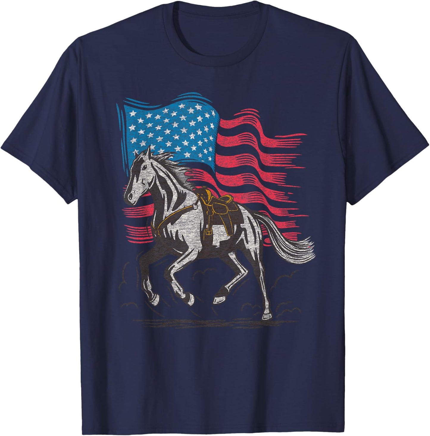 Cartba Horse Co. Horse Lover Equestrian American Flag Vintage Graphic T-Shirt - T-Shirt | Navy