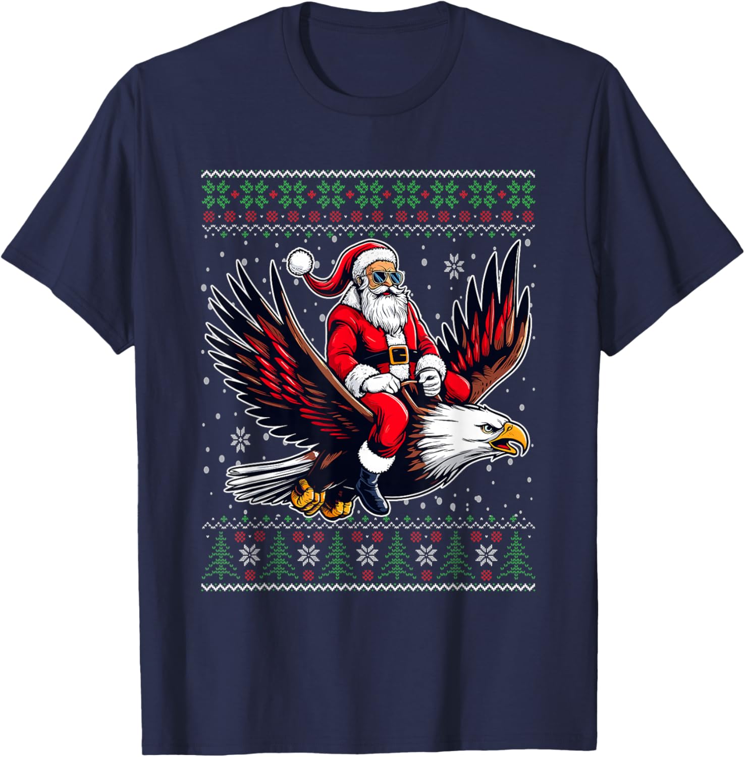 Christmas Santa Riding Eagle Ugly Christmas Sweater T-Shirt - T-Shirt | Navy