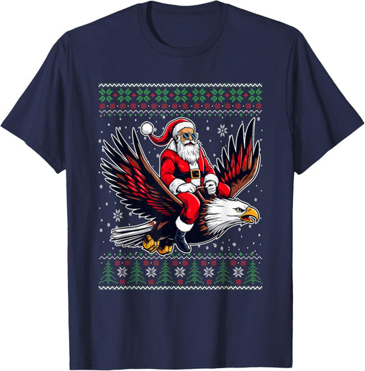 Christmas Santa Riding Eagle Ugly Christmas Sweater T-Shirt - T-Shirt | Navy