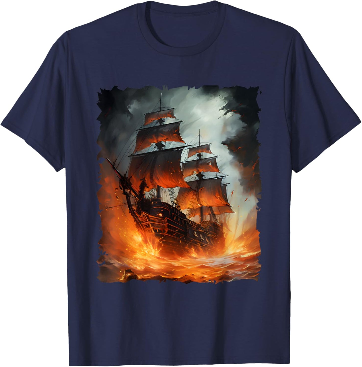 Colorful Pirate Ship Sailing Storm Ship Sails T-Shirt - T-Shirt | Navy