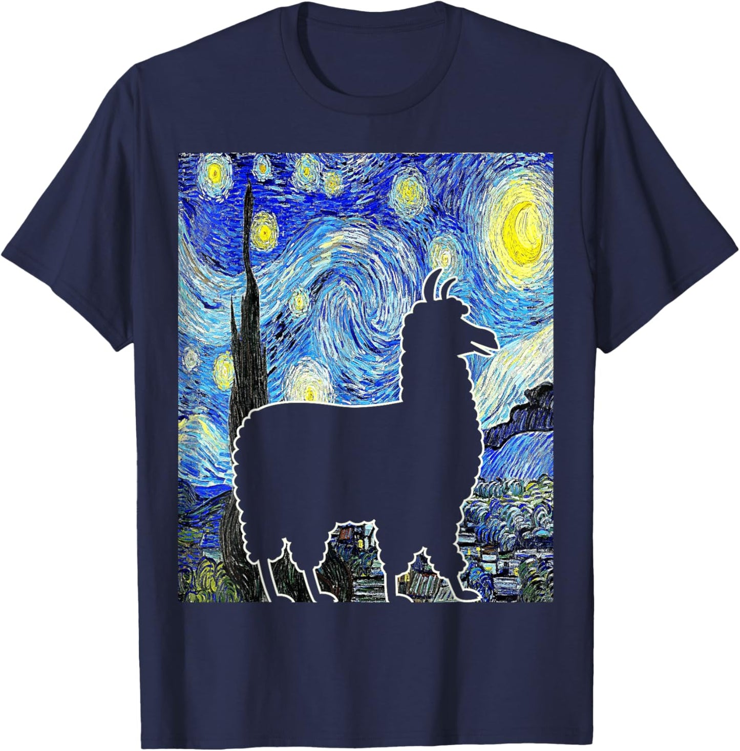 Llama Starry Night Alpaca Van Gogh Llama Painting T-Shirt - T-Shirt | Navy