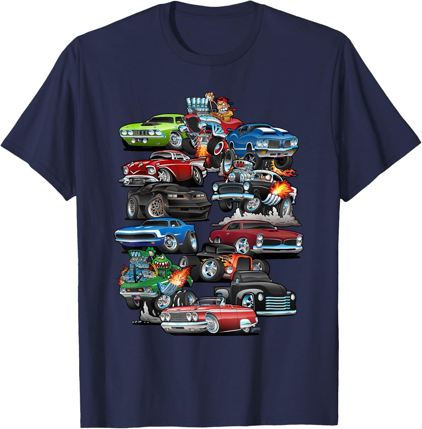 Car Madness! Muscle Cars, Classic Cars and Hotrods Cartoon T-Shirt - T-Shirt | Navy