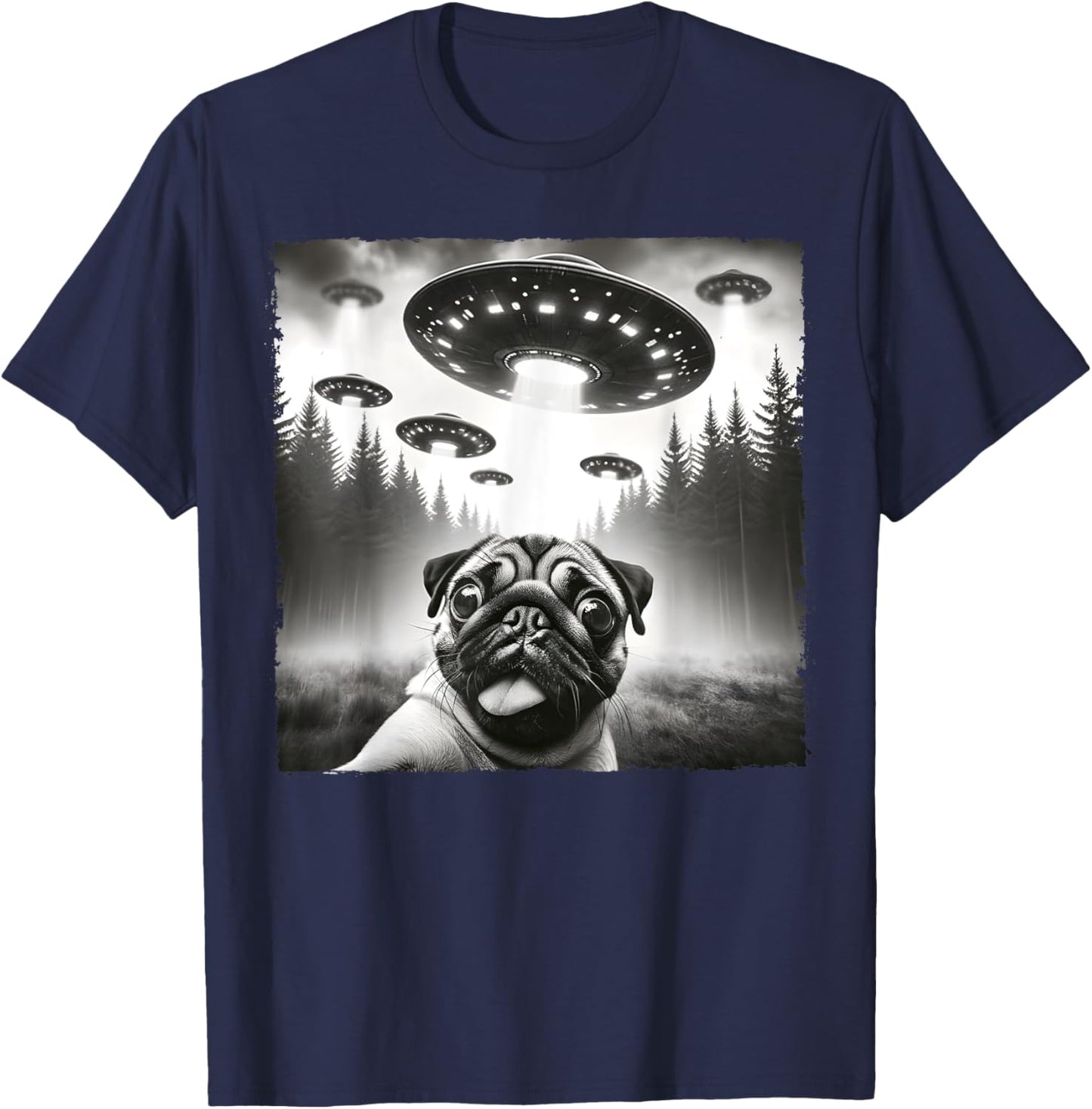 Funny Meme Pug UFO Retro Alien Pug Dog UFO Selfie Invasion T-Shirt - T-Shirt | Navy