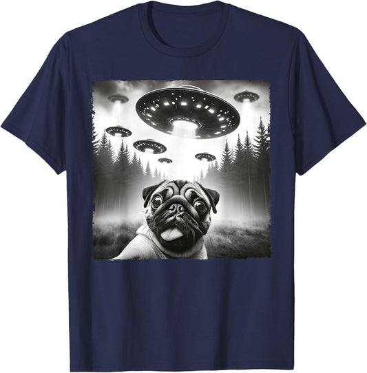 Funny Meme Pug UFO Retro Alien Pug Dog UFO Selfie Invasion T-Shirt - T-Shirt | Navy