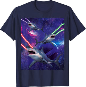 Galactic Space Sharks Attack With Lasers Funny Shark T-Shirt - T-Shirt | Navy