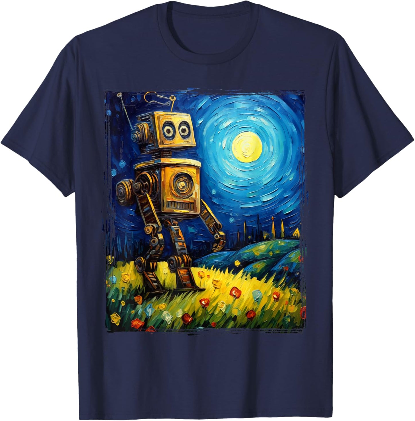 Vintage Robot Art Van Gogh Toy Robot Builder Robotics T-Shirt - T-Shirt | Navy