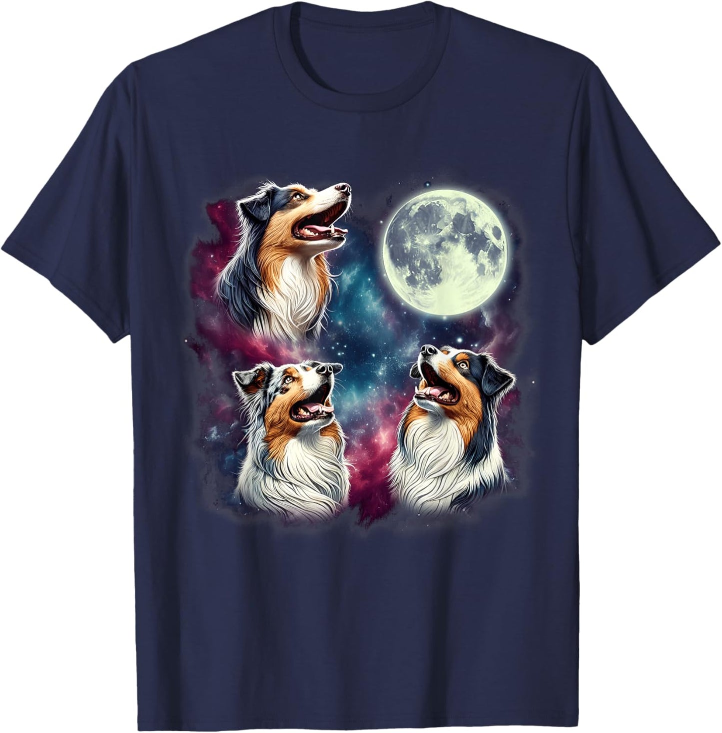 Three Australian Shepherds Howling at Moon Funny Weird Meme T-Shirt - T-Shirt | Navy