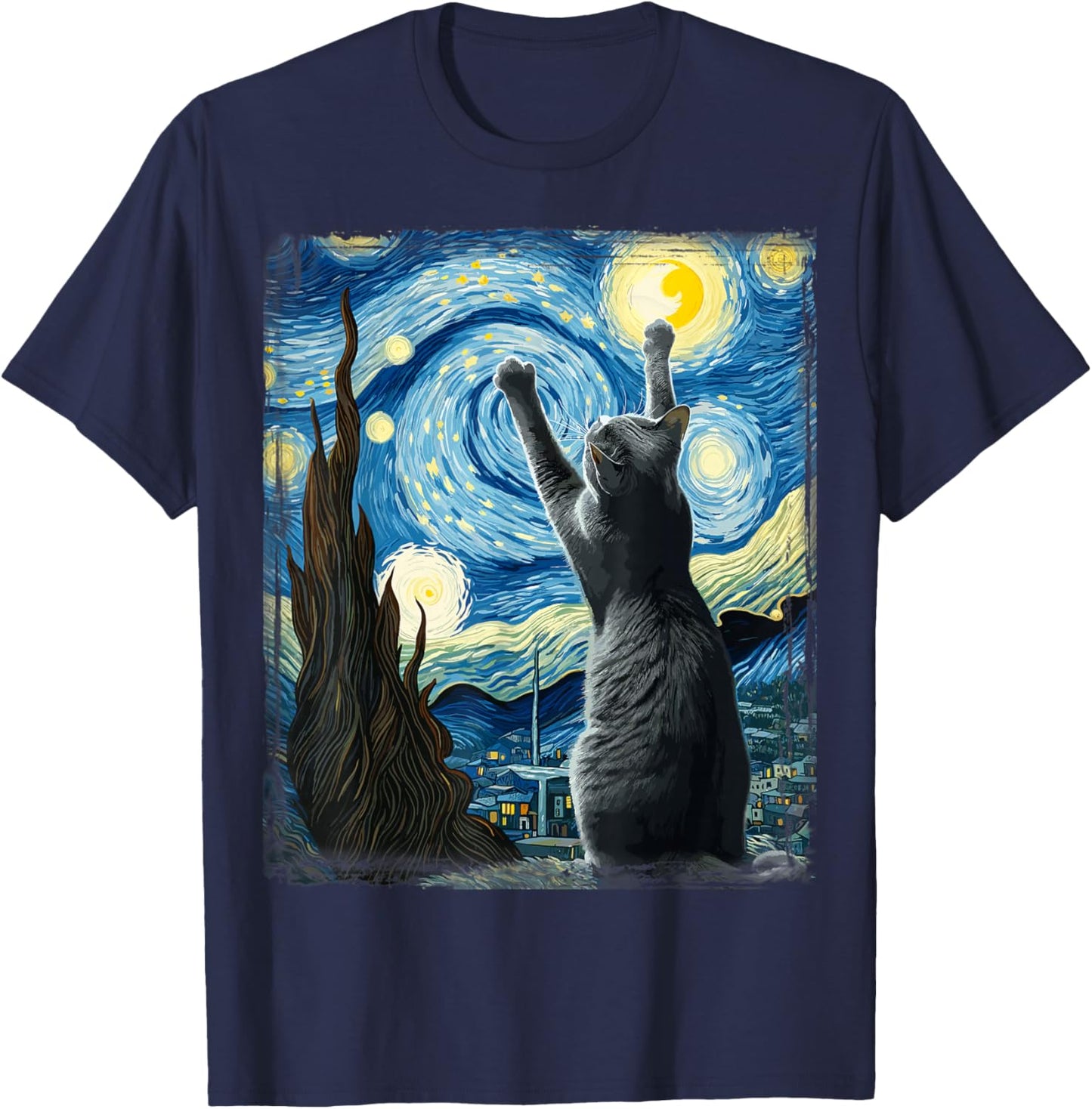 Van Gogh Starry Night Style Artistic Russian Blue Cat T-Shirt - T-Shirt | Navy