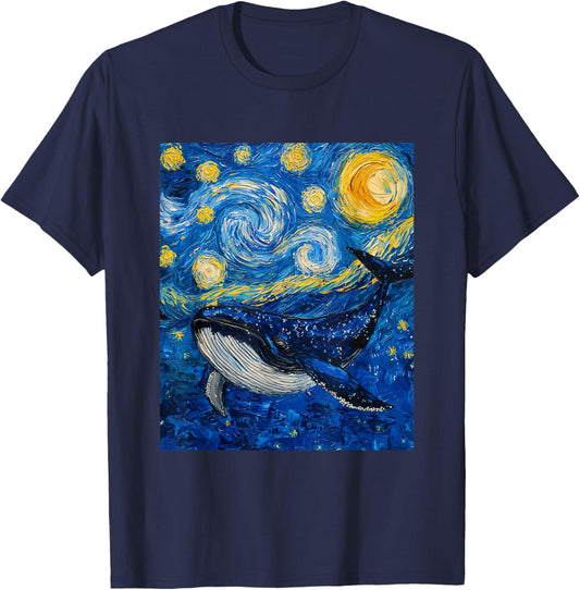 Whale Fish Van Gogh Style Starry Night Sea Graphic T-Shirt - T-Shirt | Navy