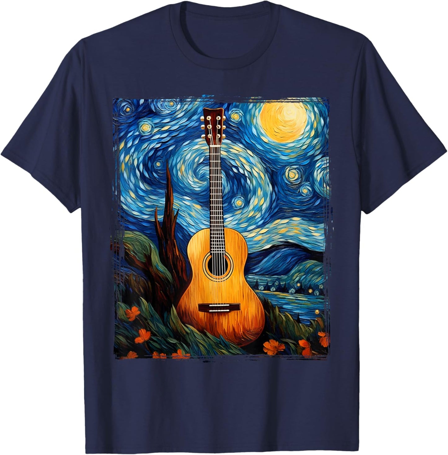 Acoustic Guitar Funny Art Van Gogh music instrument T-Shirt - T-Shirt | Navy