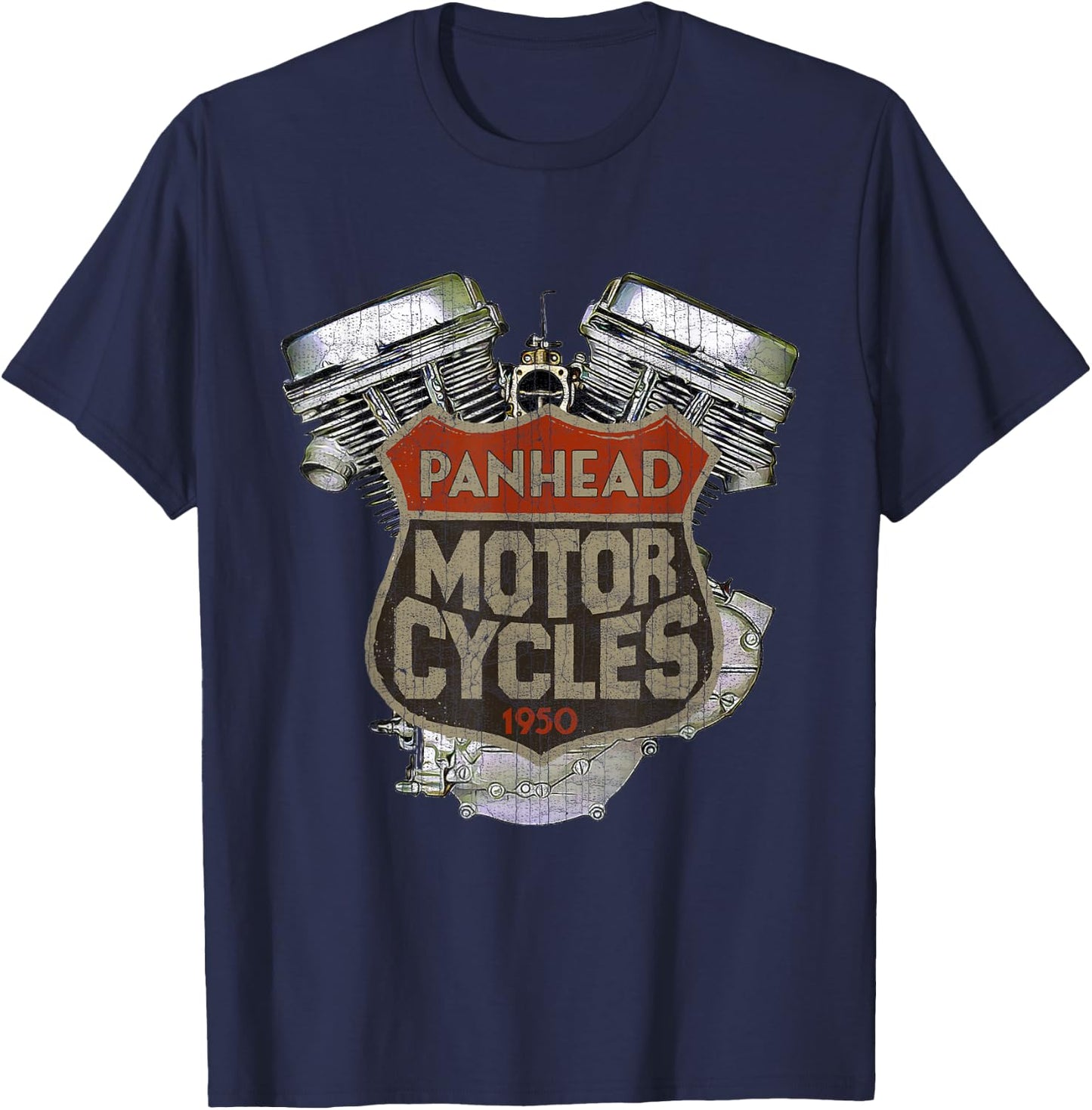 1950 Panhead Motorcycle Vintage Distressed Biker Chopper Rat T-Shirt - T-Shirt | Navy