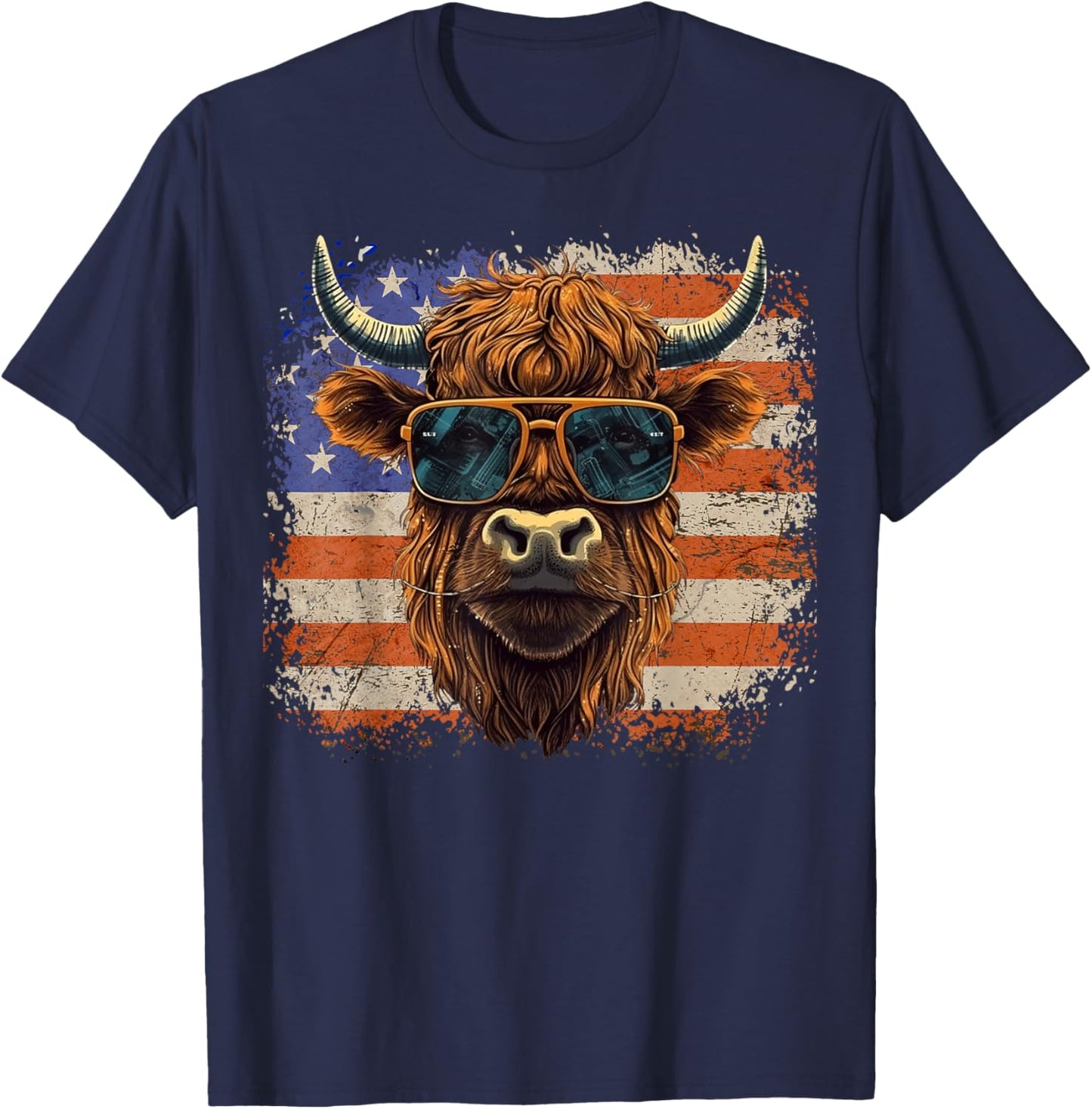 American Flag, Highland Cow-Fourth of July, Cow Lover Cool T-Shirt - T-Shirt | Navy