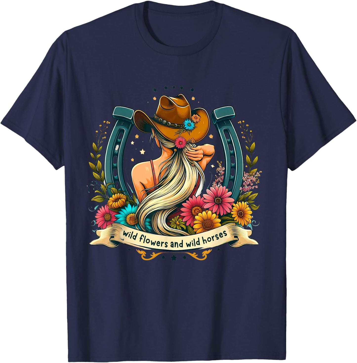 Retro Southern Sunset Cowgirl Wild Flowers - Wild Horses T-Shirt - T-Shirt | Navy