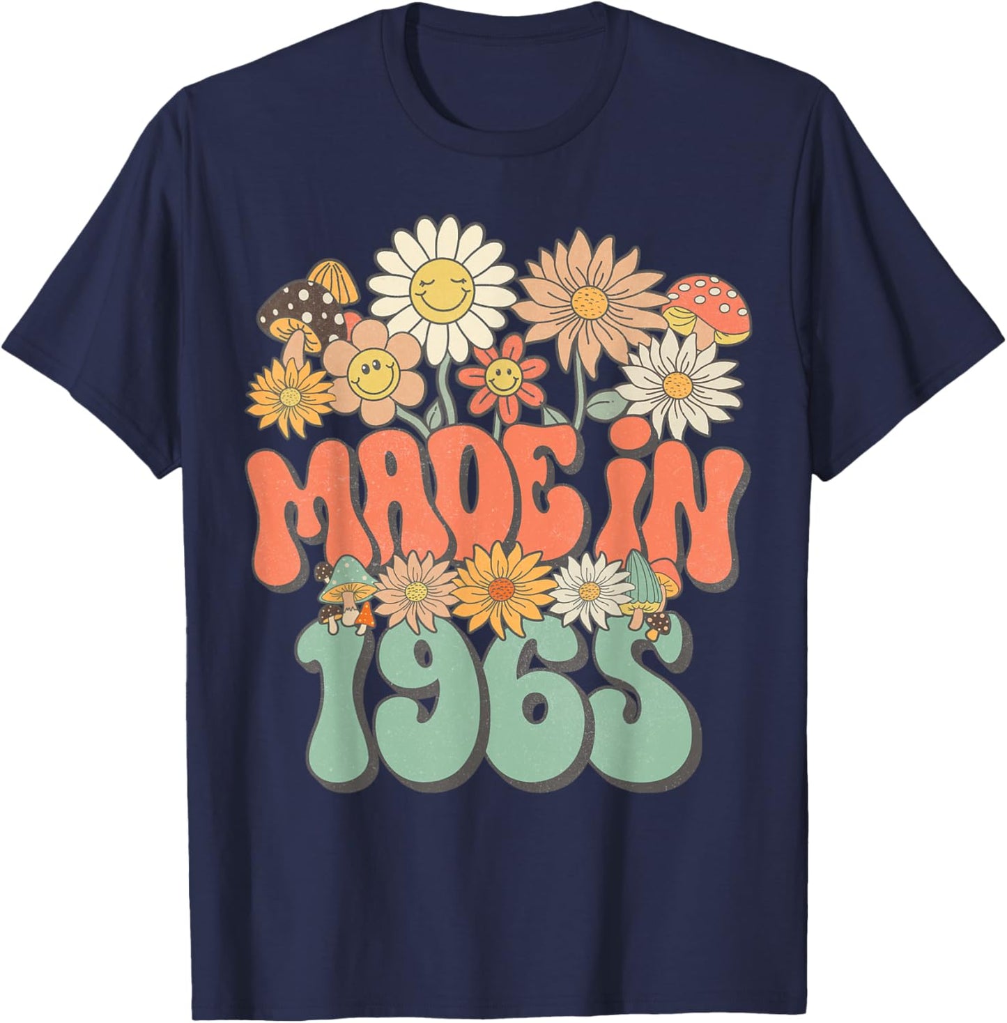 Retro Groovy Made In 1965 Floral Hippie Daisy 60th Birthday T-Shirt - T-Shirt | Navy