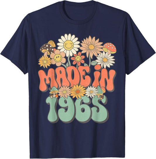 Retro Groovy Made In 1965 Floral Hippie Daisy 60th Birthday T-Shirt - T-Shirt | Navy