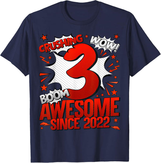 Comics Style 2025 Birthday Gifts HH 3 Year Old Boy Black Cartoon T-Shirt - T-Shirt | Navy