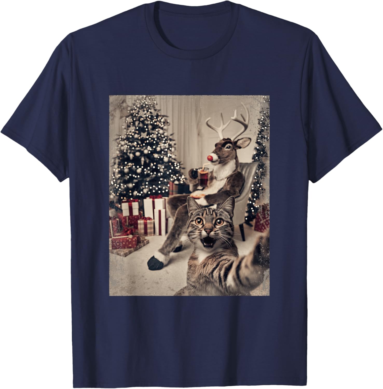 Funny Xmas Cat Selfie Reindeer Ugly Sweater Christmas Outfit T-Shirt - T-Shirt | Navy