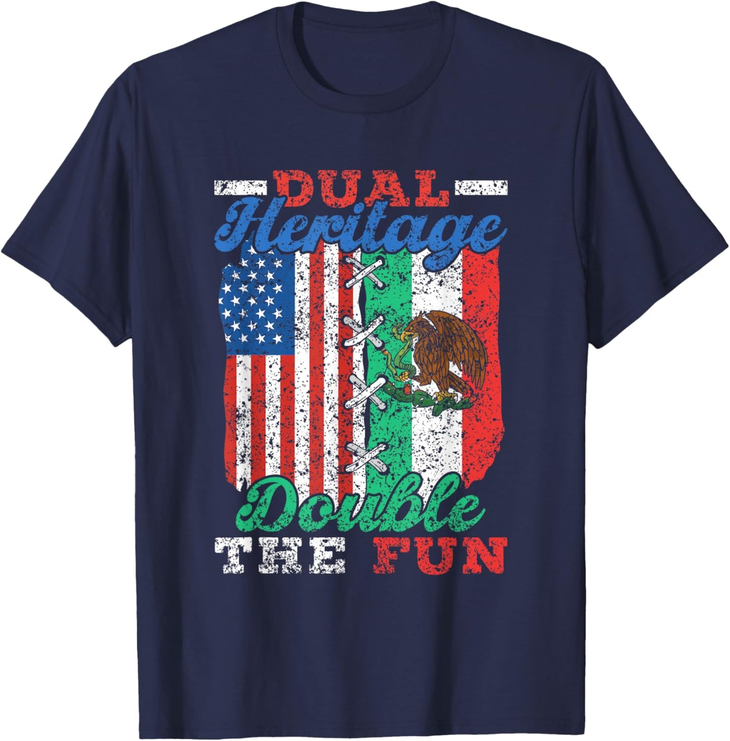 Double Heritage Double Fun USA Mexican American T-Shirt - T-Shirt | Navy