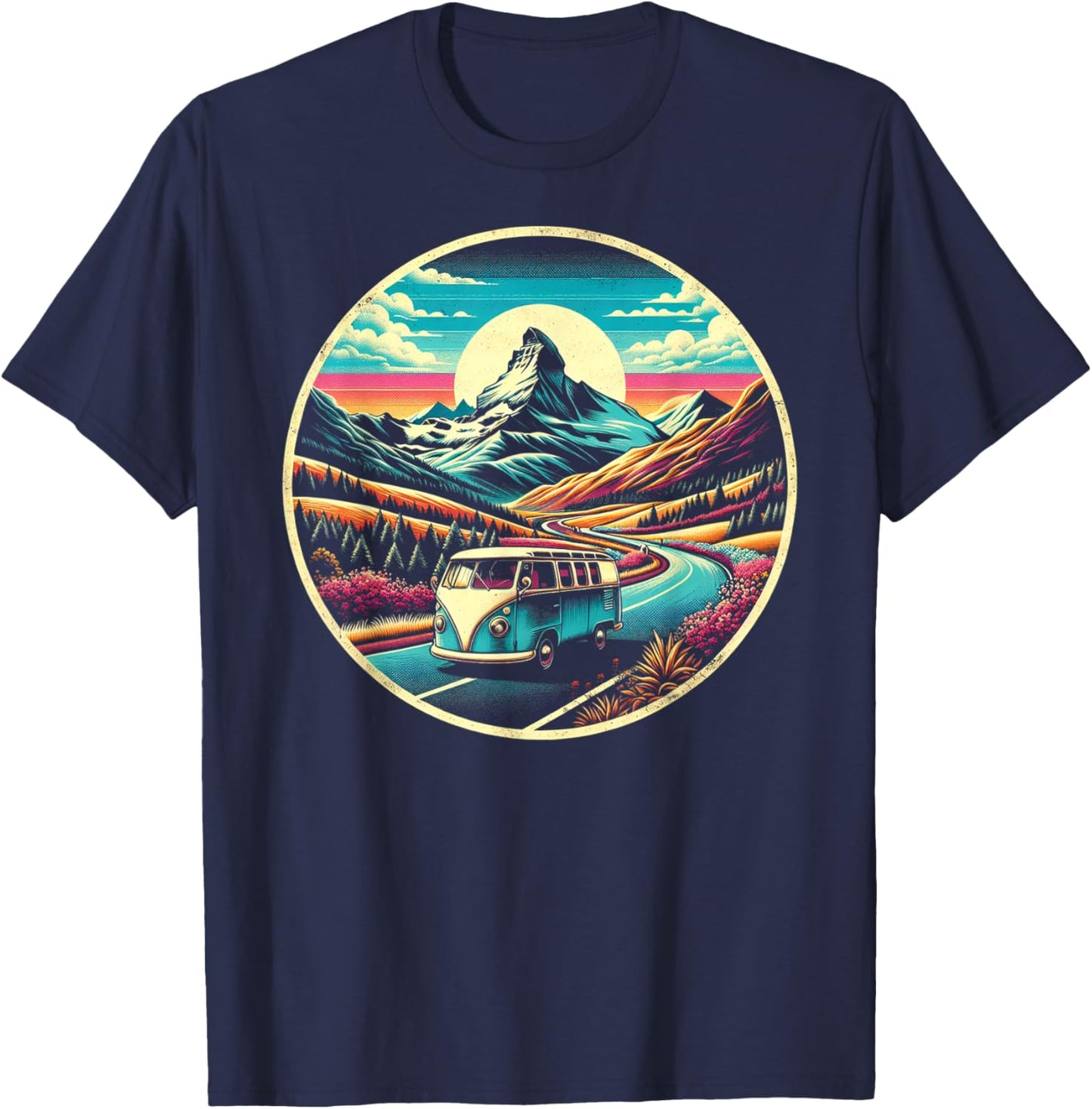 Scenic Routes Classic Van Road Trip Graphic - -Adults, Kids - Black - Small - Short Sleeve T-Shirt - T-Shirt | Navy