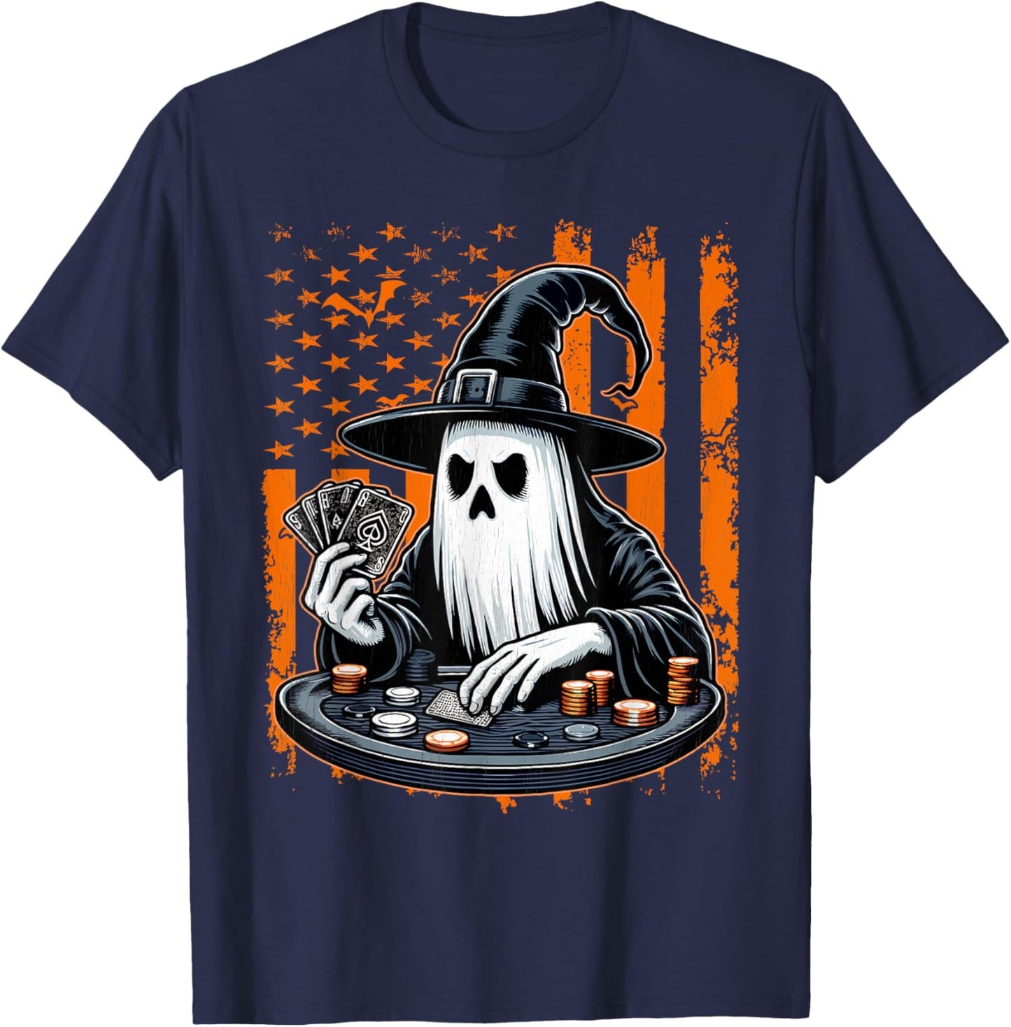 Poker Ghost Halloween Scary Costume Poker Player USA Flag T-Shirt - T-Shirt | Navy