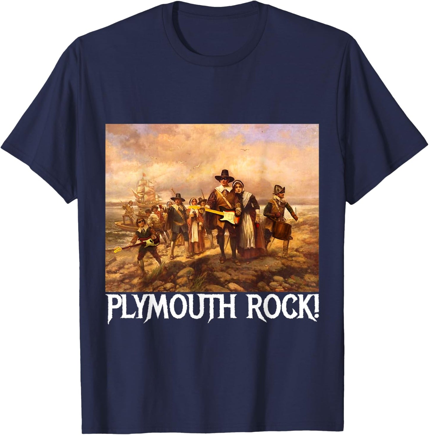 Plymouth Rock! Thanksgiving Pilgrims Rocking Guitars & Drum T-Shirt - T-Shirt | Navy