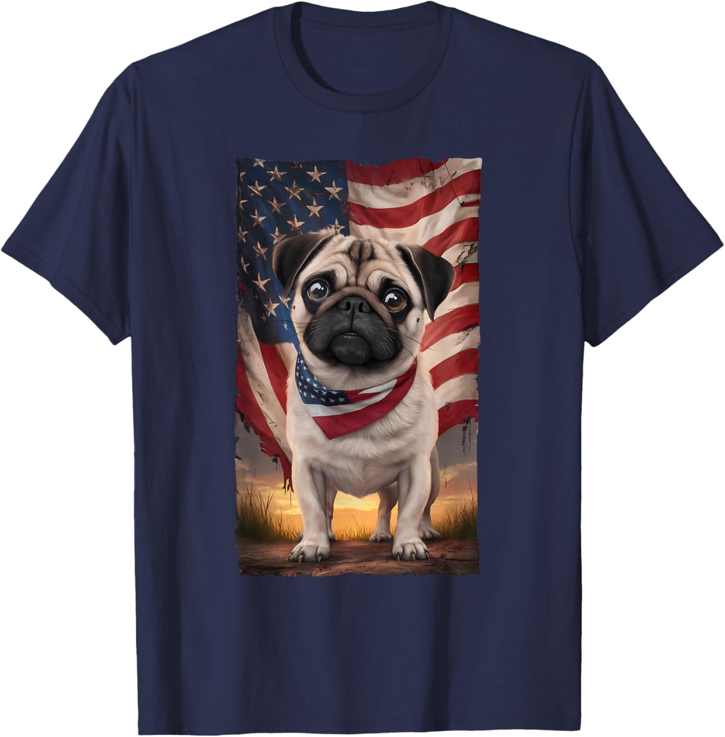 Patriotic pug American Flag Top Hat 4th of July Dog T-Shirt - T-Shirt | Navy