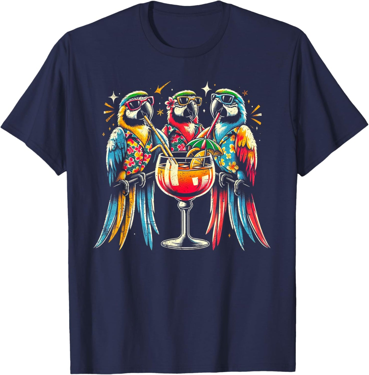 Parrots Drinking Margarita Tropical Birds Vacation Hawaiian T-Shirt - T-Shirt | Navy