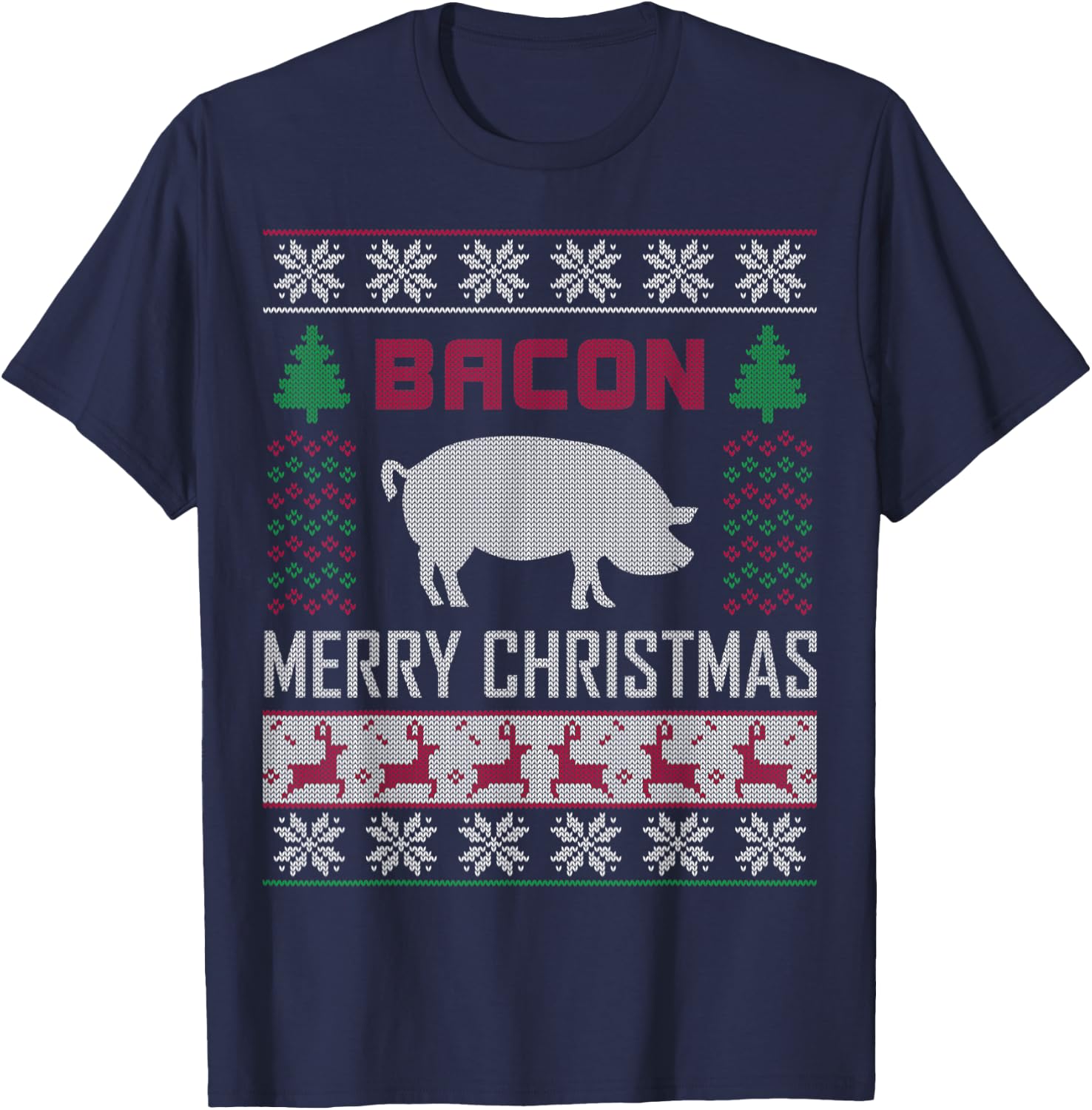 Bacon Pig Christmas Design Funny Holiday Ugly Sweater Style T-Shirt - T-Shirt | Navy