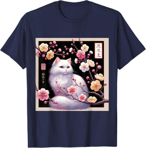 Cat Shirt Cat Japanese Cherry Blossom Kawaii Cat Lover T-Shirt - T-Shirt | Navy