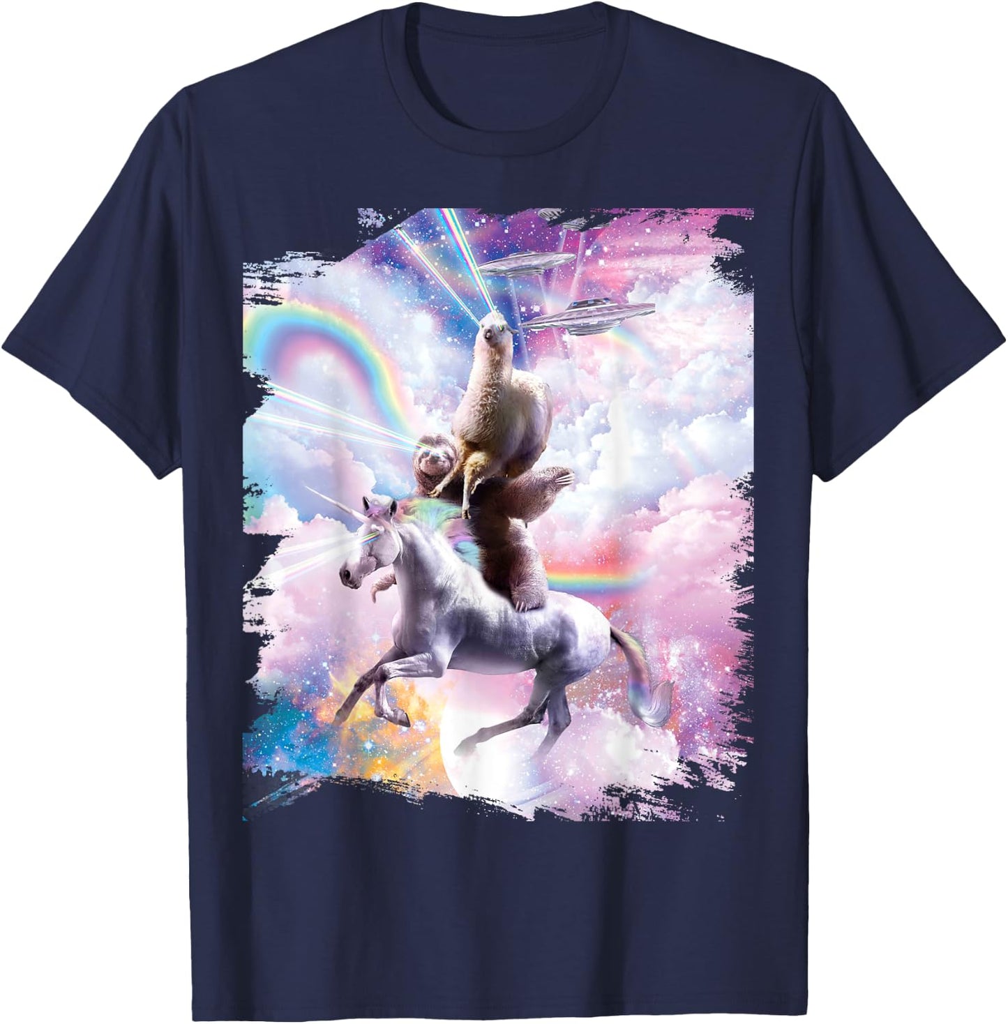 Laser Eyes Space Llama on Sloth Unicorn - Rainbow T-Shirt - T-Shirt | Navy