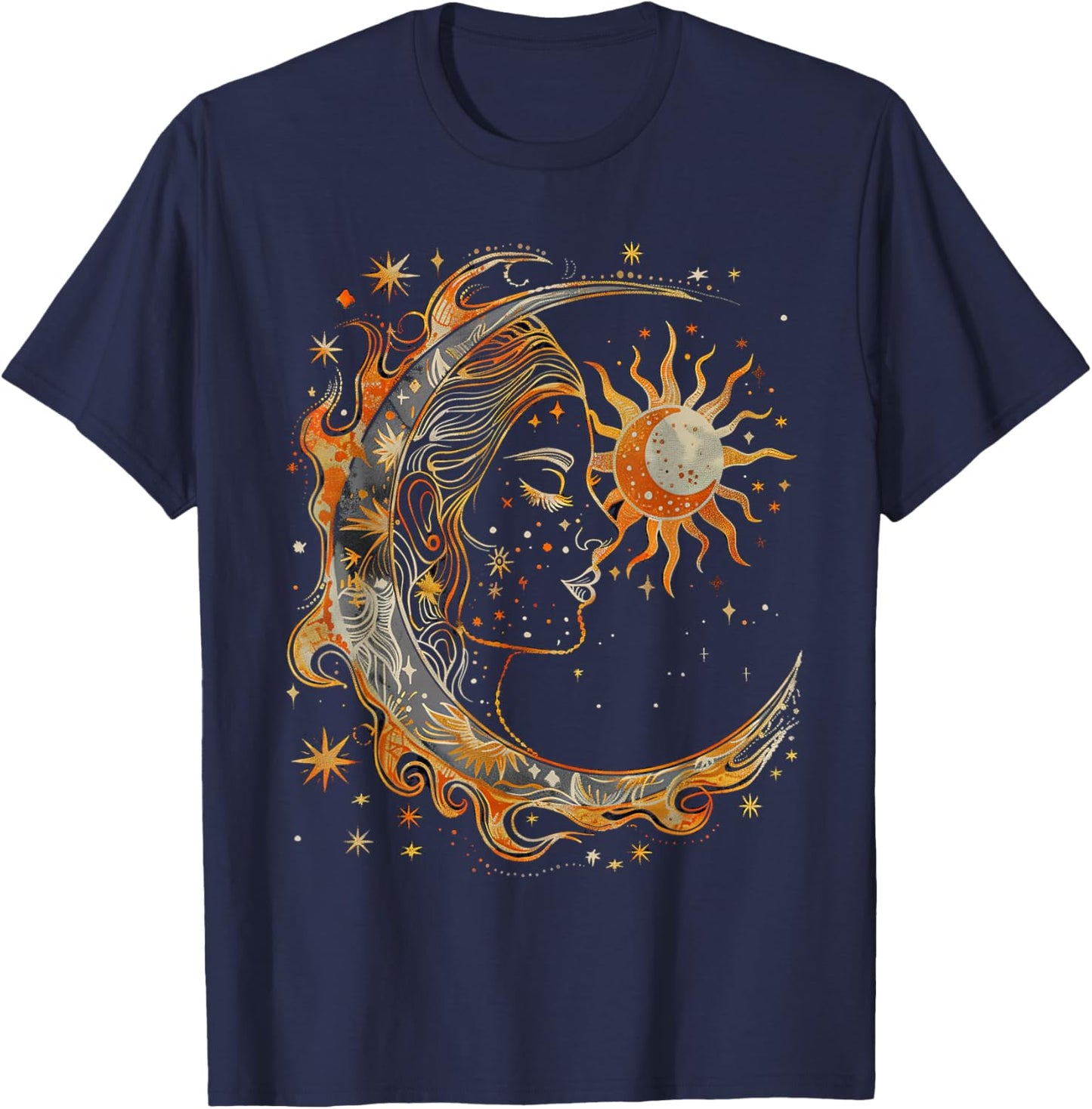 Mystic Sun and Moon Woman Mystical Flowers Aesthetic T-Shirt - T-Shirt | Navy