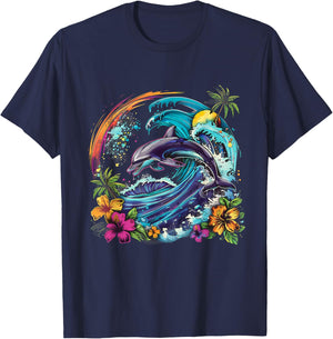 Sea Ocean Dolphin Motif Artwork Floral Sea Ocean Animal T-Shirt - T-Shirt | Navy