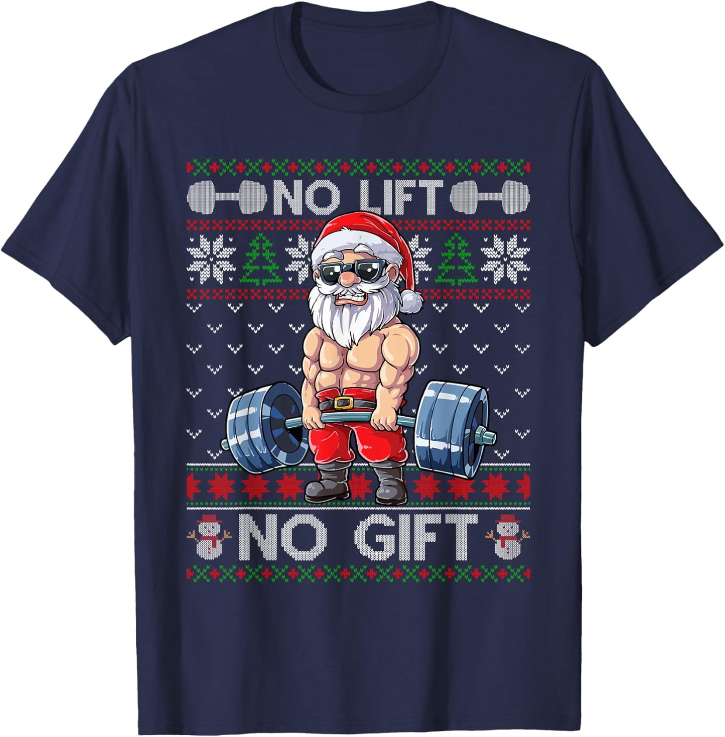 Funny Muscle Santa Lifting Christmas Ugly Christmas Sweater T-Shirt - T-Shirt | Navy