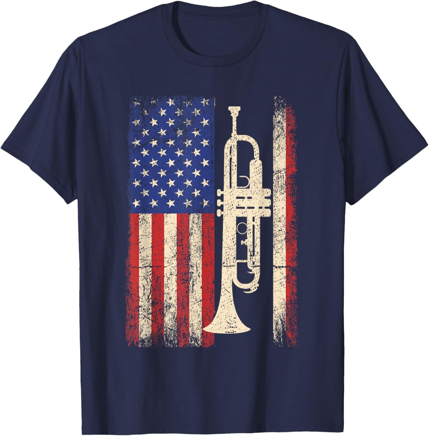 Trumpet USA American Flag Shirt Jazz Music Vintage Men T-Shirt - T-Shirt | Navy