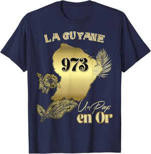 The Magnificent French Guiana 973 Country In Gold Creole , Black, S T-Shirt - T-Shirt | Navy