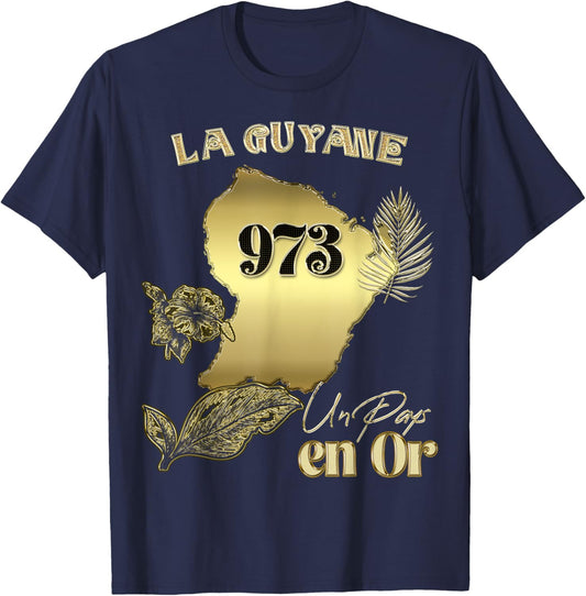 The Magnificent French Guiana 973 Country In Gold Creole , Black, S T-Shirt - T-Shirt | Navy