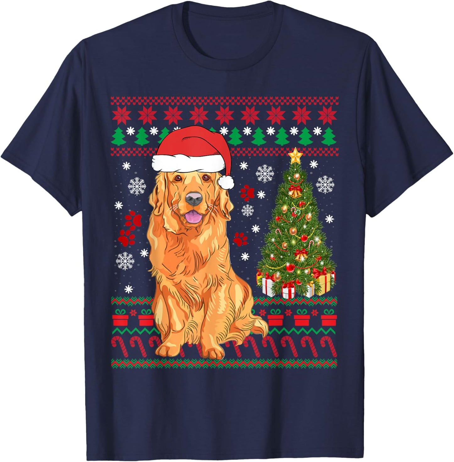 Funny Ugly Christmas Sweater Golden Retriever Christmas T-Shirt - T-Shirt | Navy