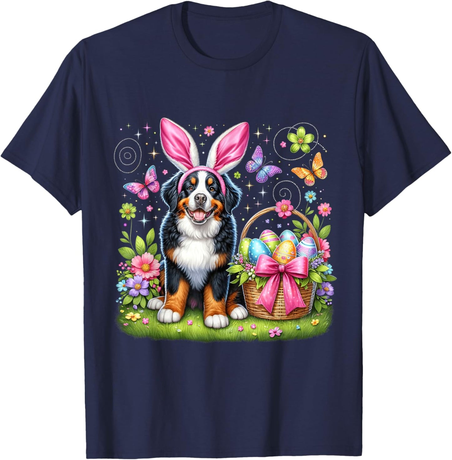 Cute Bunny Bernese Mountain Dog Dog Easter Eggs Basket Party T-Shirt - T-Shirt | Navy