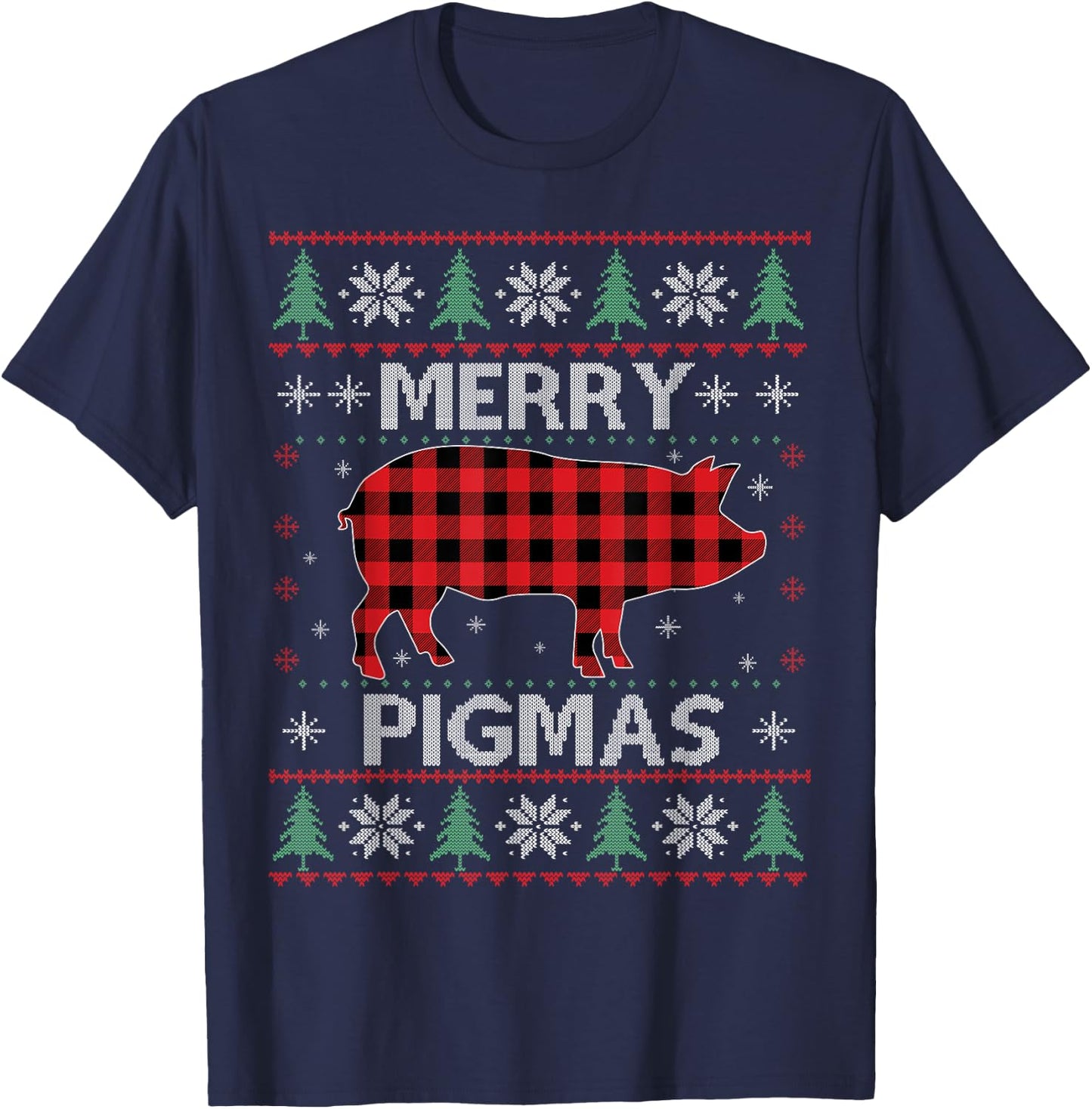 Merry Pigmas Pig Red Plaid Ugly Sweater Xmas Funny T-Shirt - T-Shirt | Navy