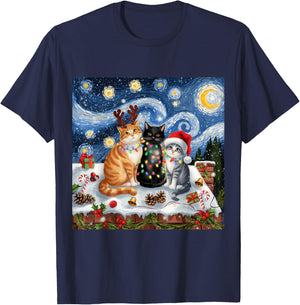 Christmas Van Gogh Starry Night Black Cat Santa Funny Xmas T-Shirt - T-Shirt | Navy