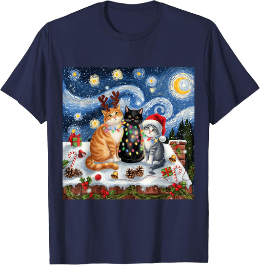 Christmas Van Gogh Starry Night Black Cat Santa Funny Xmas T-Shirt - T-Shirt | Navy