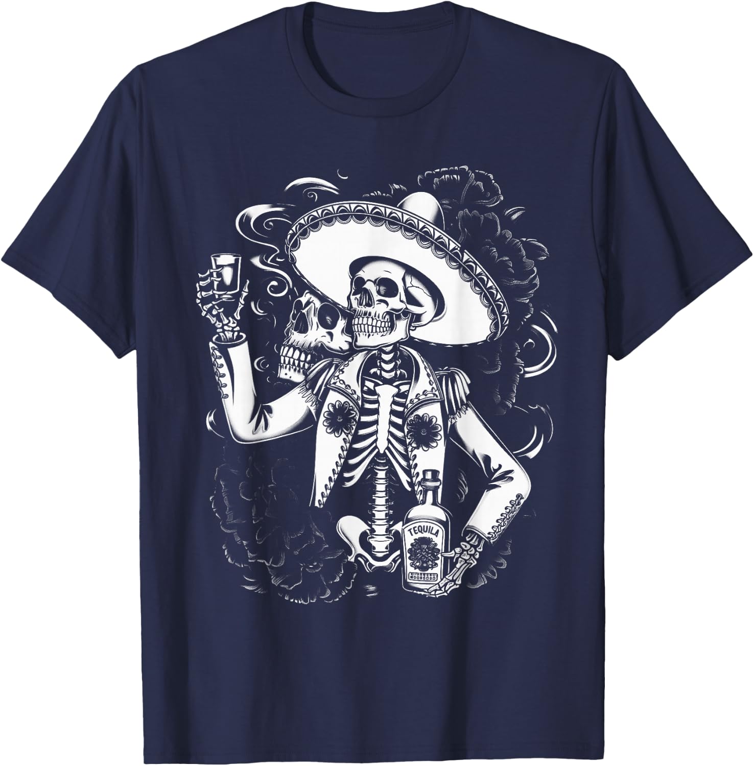 Mexico Vintage Skeleton Tequila Dia De Los Muertos Mexican T-Shirt - T-Shirt | Navy