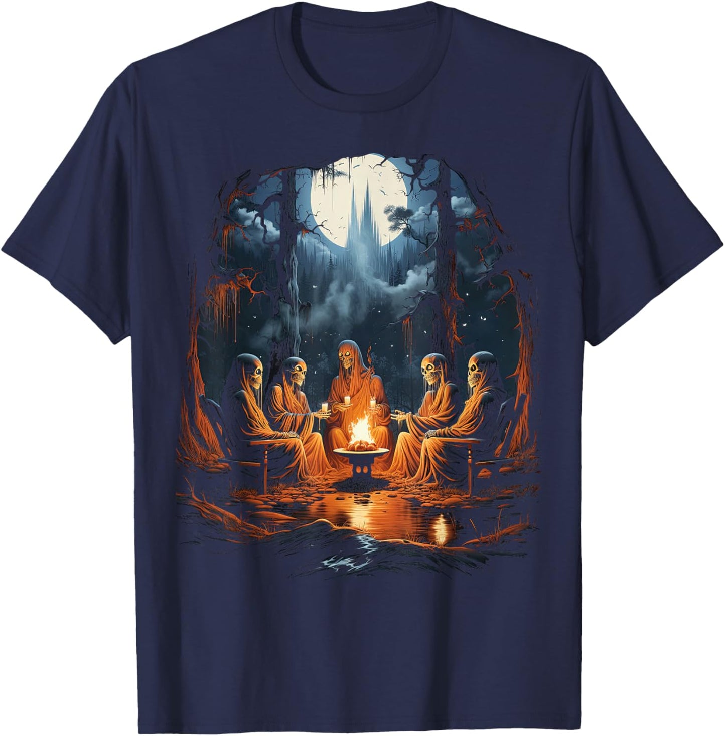Vintage Ghost and Skeleton by Fire Camping Gothic Halloween T-Shirt - T-Shirt | Navy