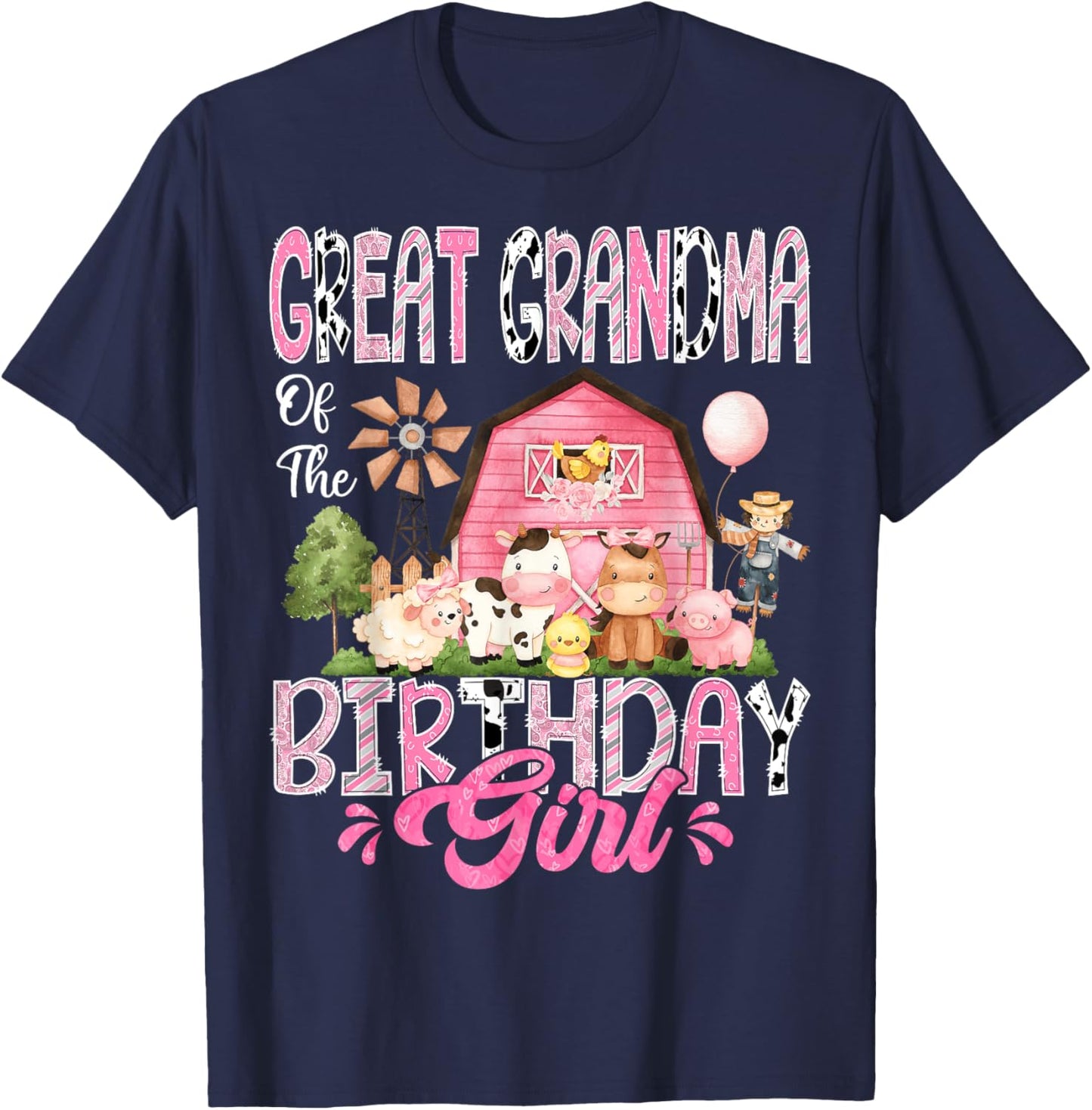 Great Grandma Of The Birthday Girl Pink Farm Cow Birthday T-Shirt - T-Shirt | Navy