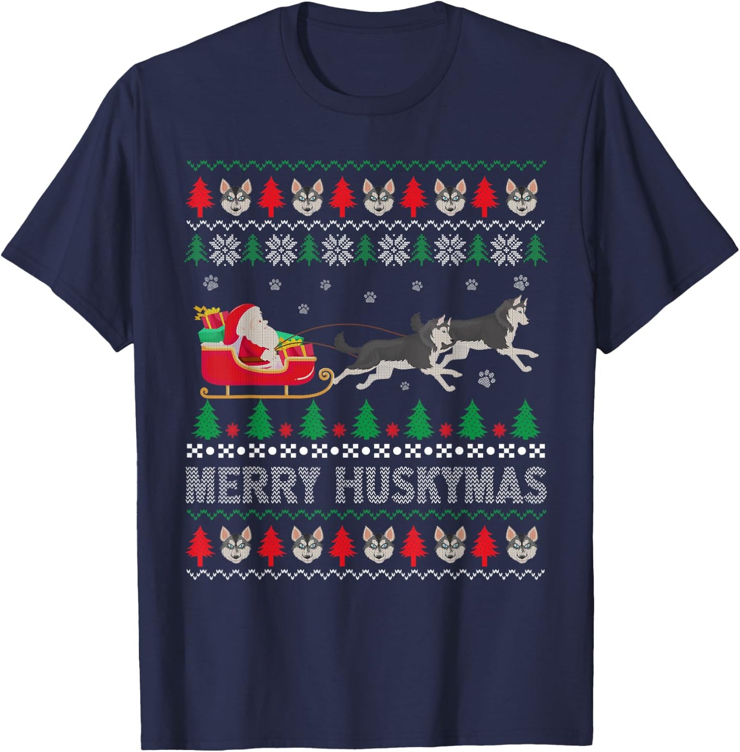 Merry Huskymas Siberian Husky Dogs Ugly Christmas Sweater T-Shirt - T-Shirt | Navy