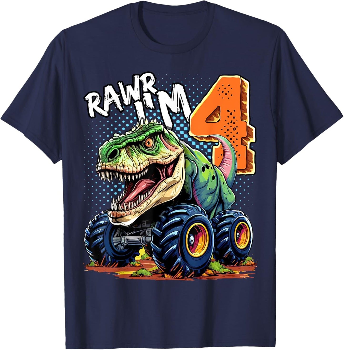 Monster Truck Dinosaur T-Rex 4th Birthday Boy 4 Year Old T-Shirt - T-Shirt | Navy