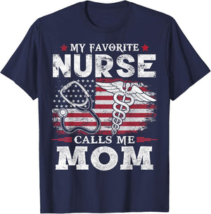 My Favorite Nurse Calls Me Mom USA Flag Mother's Day T-Shirt - T-Shirt | Navy