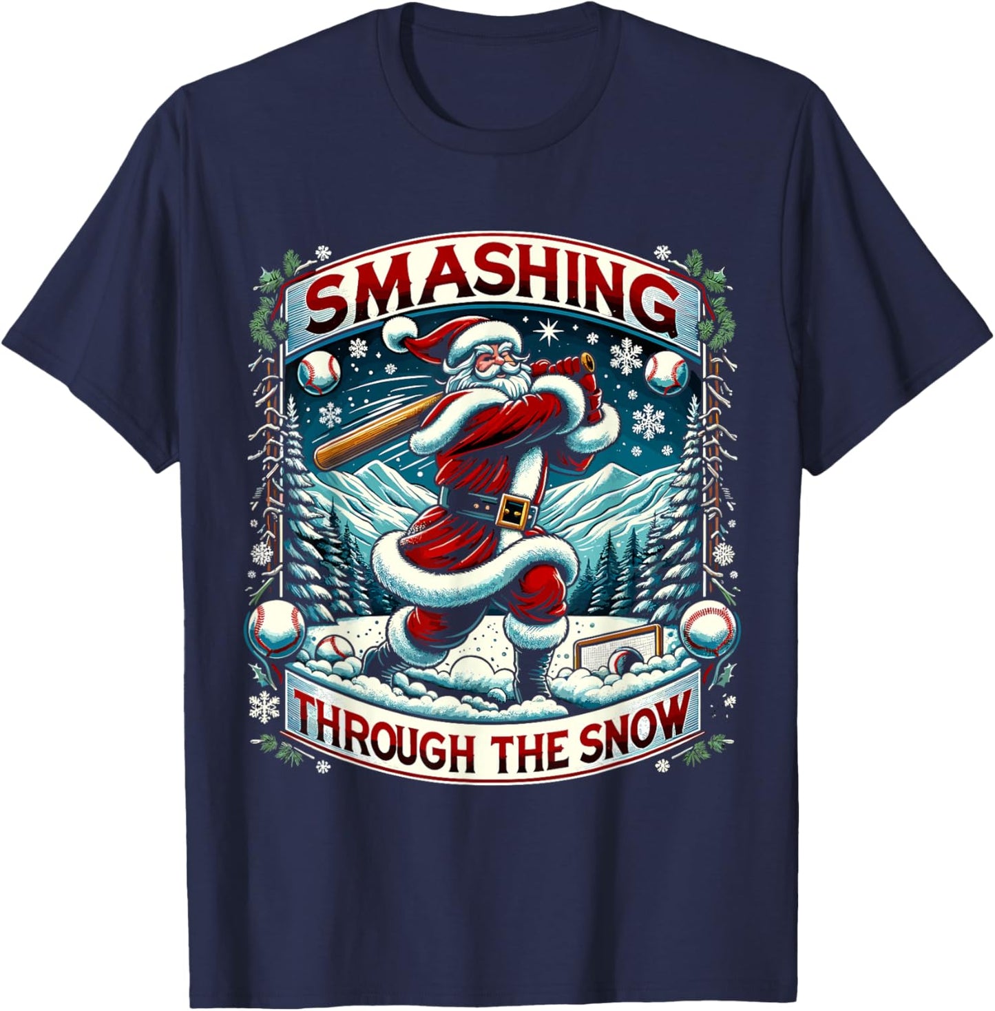 Smashing Through The Snow Boys Baseball Lifestyle Santa T-Shirt - T-Shirt | Navy