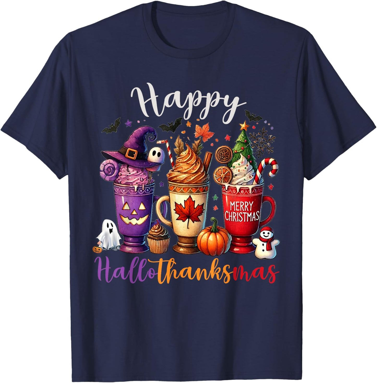 Happy Hallothanksmas Coffee Lover Halloween Merry Christmas T-Shirt - T-Shirt | Navy