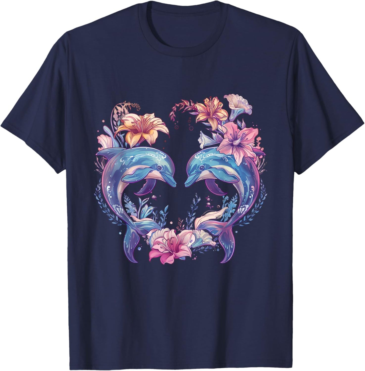 Dolphin Floral Motif Dolphin Lover Sea Ocean Animal T-Shirt - T-Shirt | Navy